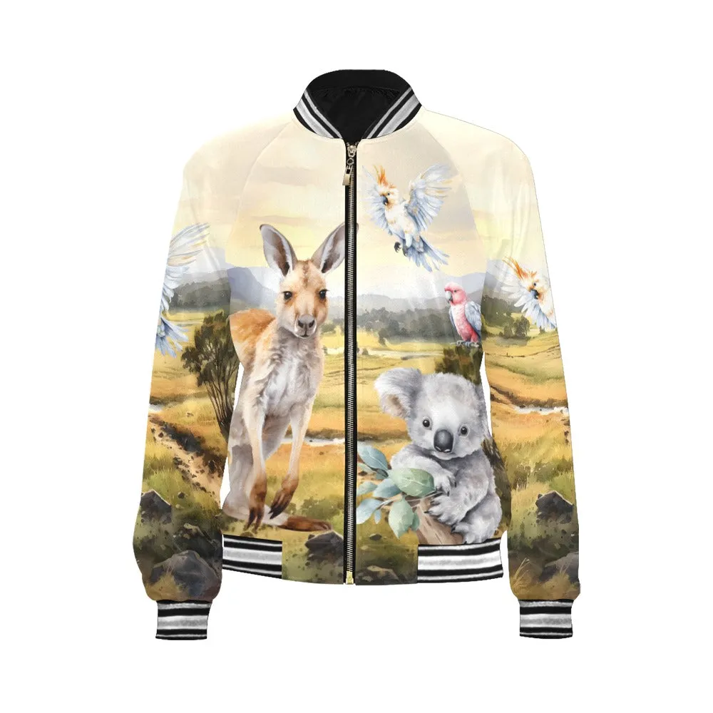 Australian Animals, Koala Cockatoo Kangaroo Galah Bomber Jacket for Women