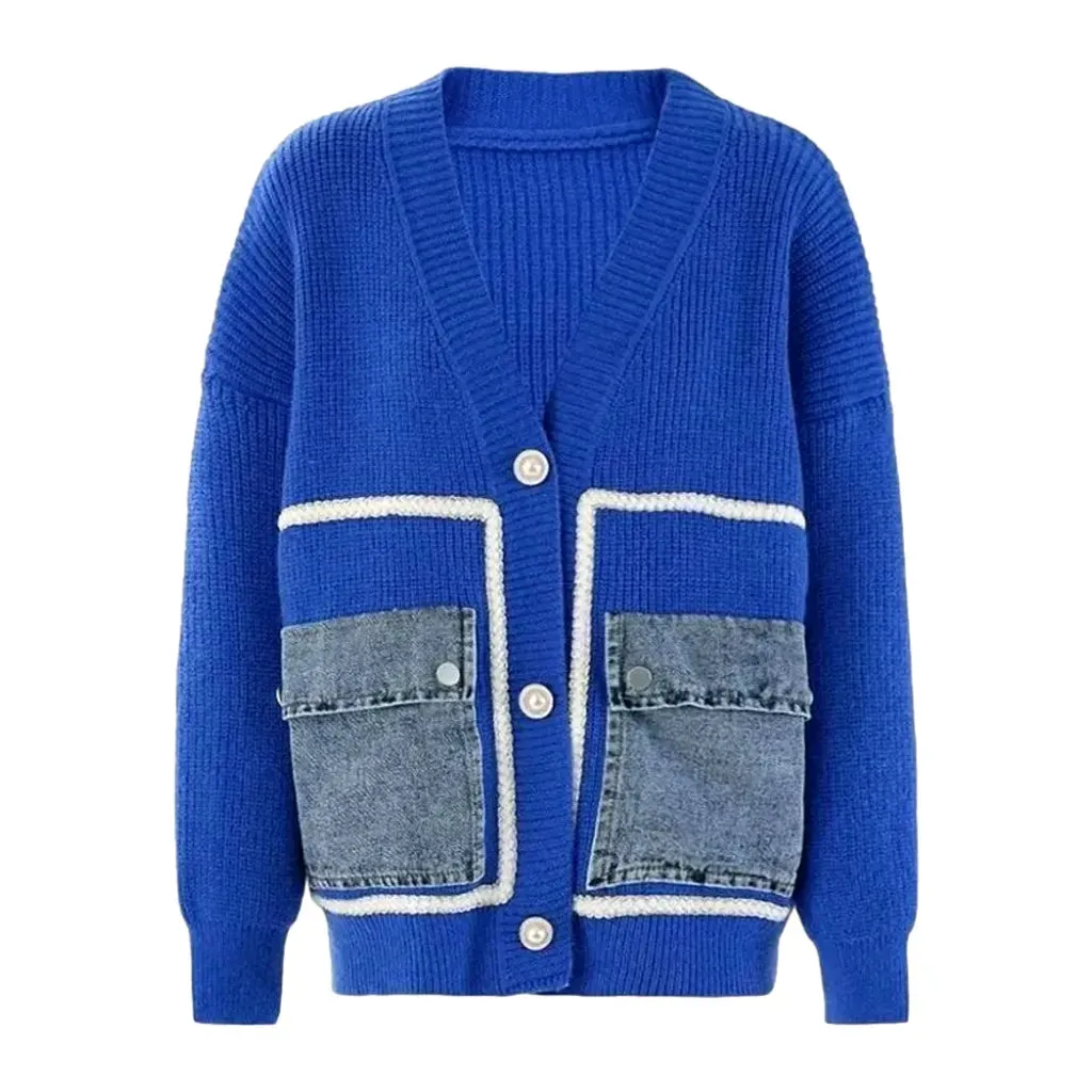 Cargo pockets light pattern women's denim cardigan