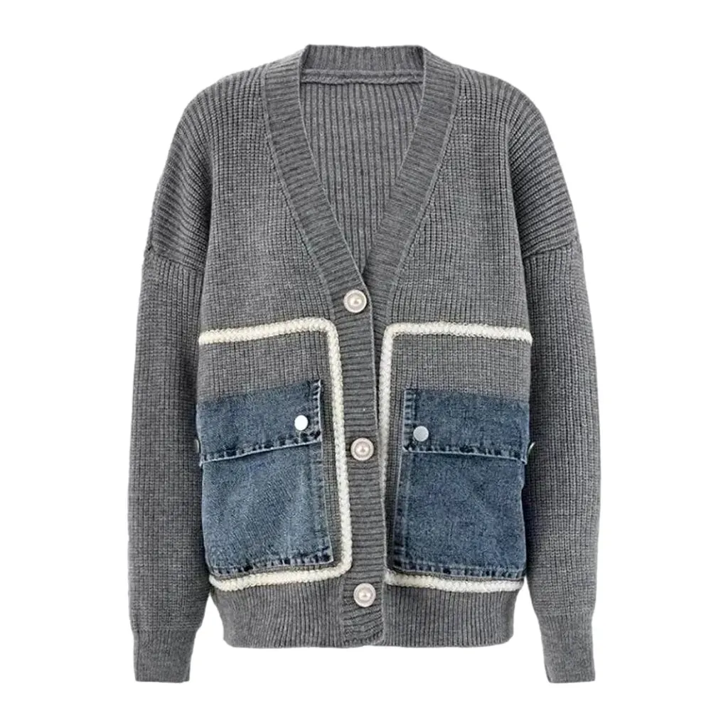 Cargo pockets light pattern women's denim cardigan