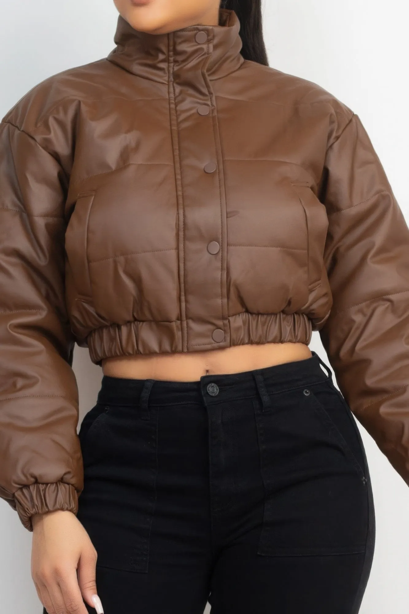 Chic Snap Button Padded Crop Jacket in Dark Brown – Exclusive by Fashion M&J