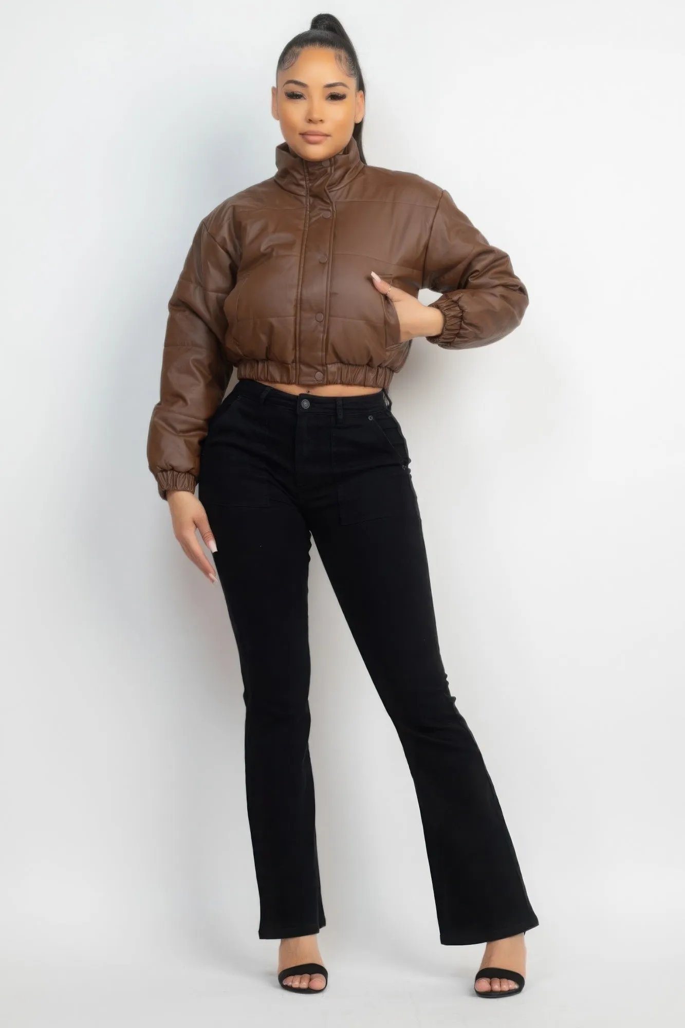 Chic Snap Button Padded Crop Jacket in Dark Brown – Exclusive by Fashion M&J