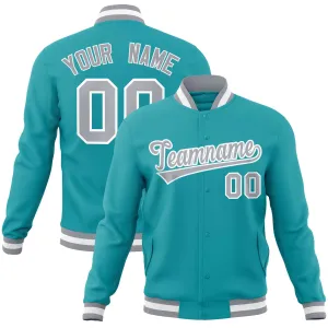 Custom Aqua Gray-White Classic Style Varsity Full-Snap Letterman Jacket