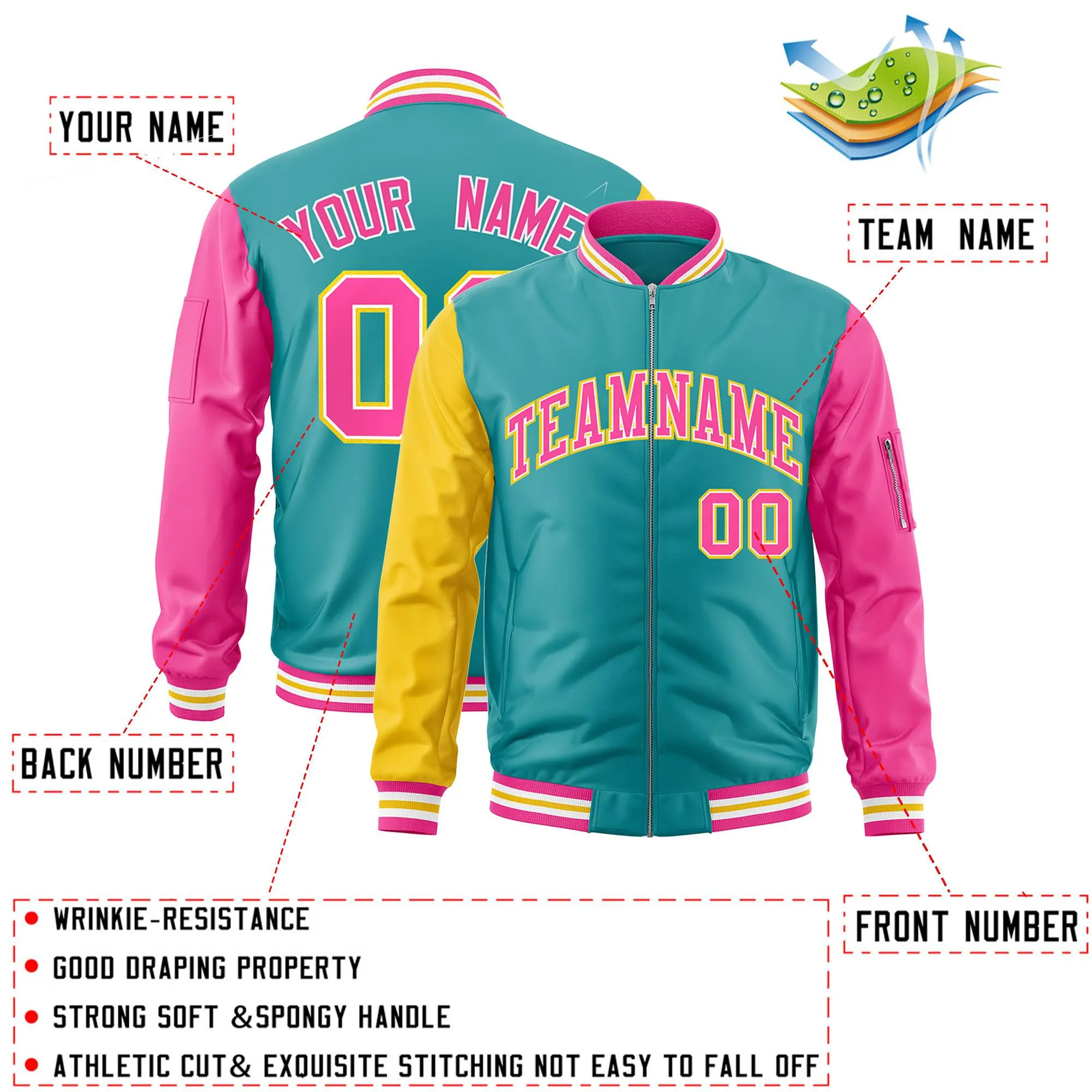 Custom Aqua Pink-Gold Varsity Full-Zip Raglan Sleeves Letterman Bomber Jacket