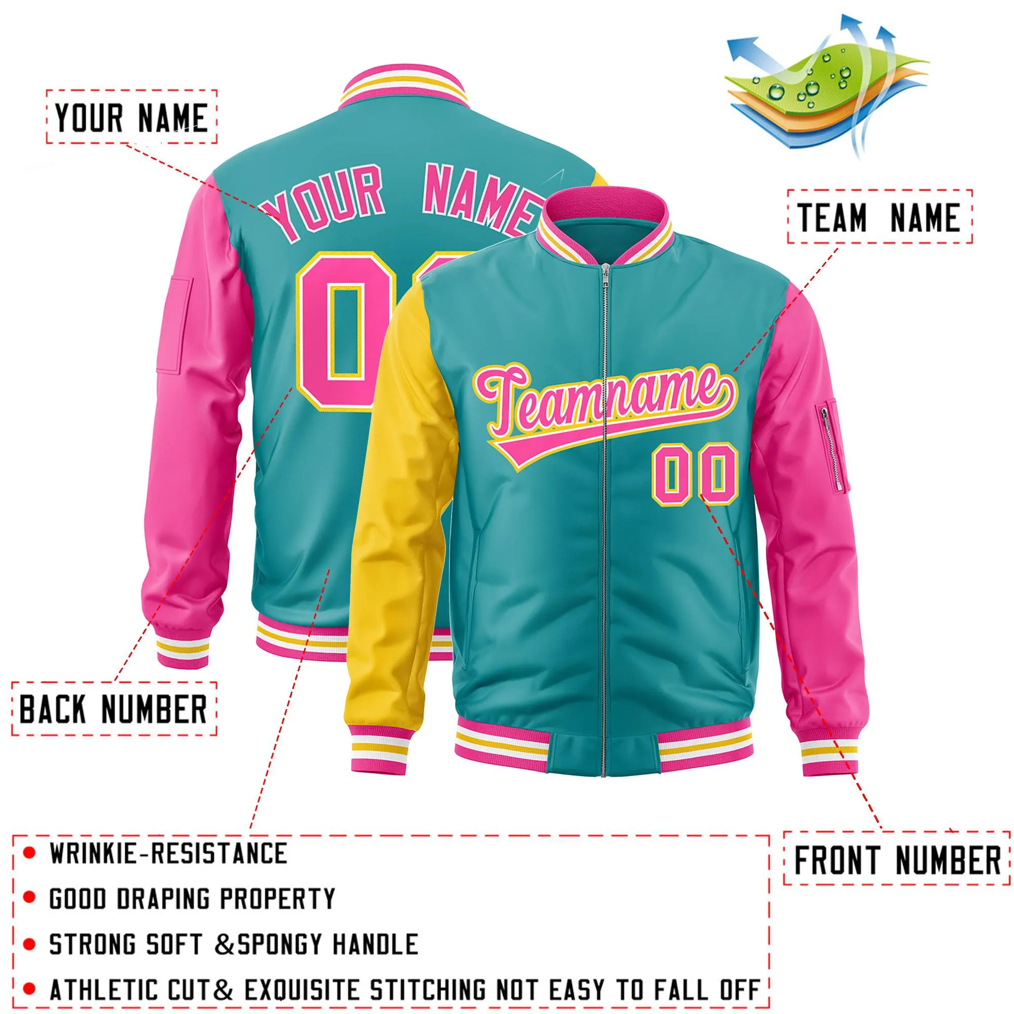 Custom Aqua Pink-Gold Varsity Full-Zip Raglan Sleeves Letterman Bomber Jacket