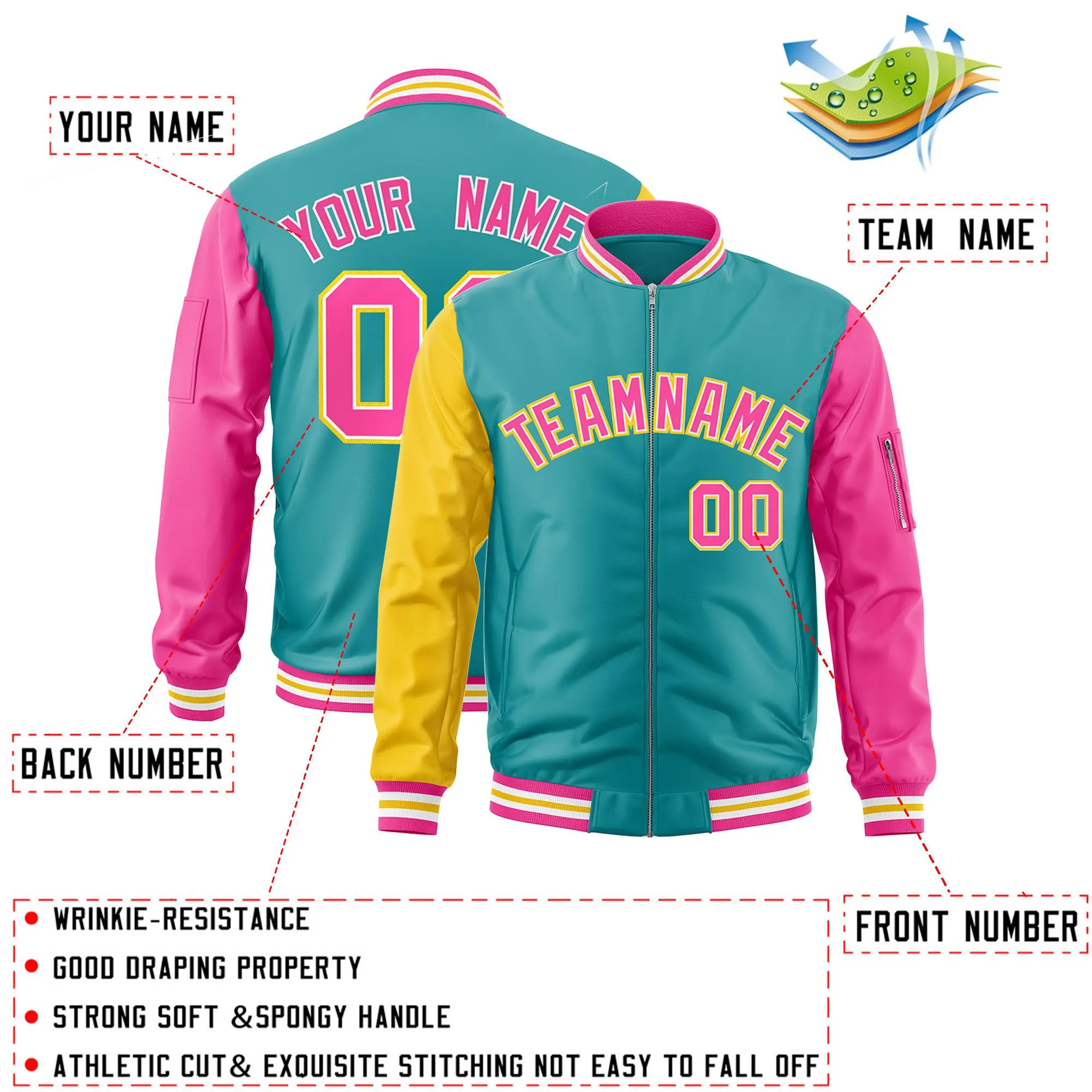 Custom Aqua Pink-Gold Varsity Full-Zip Raglan Sleeves Letterman Bomber Jacket