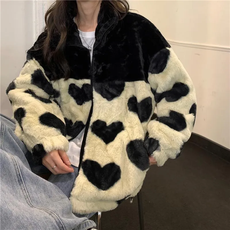 Cute Printed High Collar Fluffy Cotton Padded Jacket