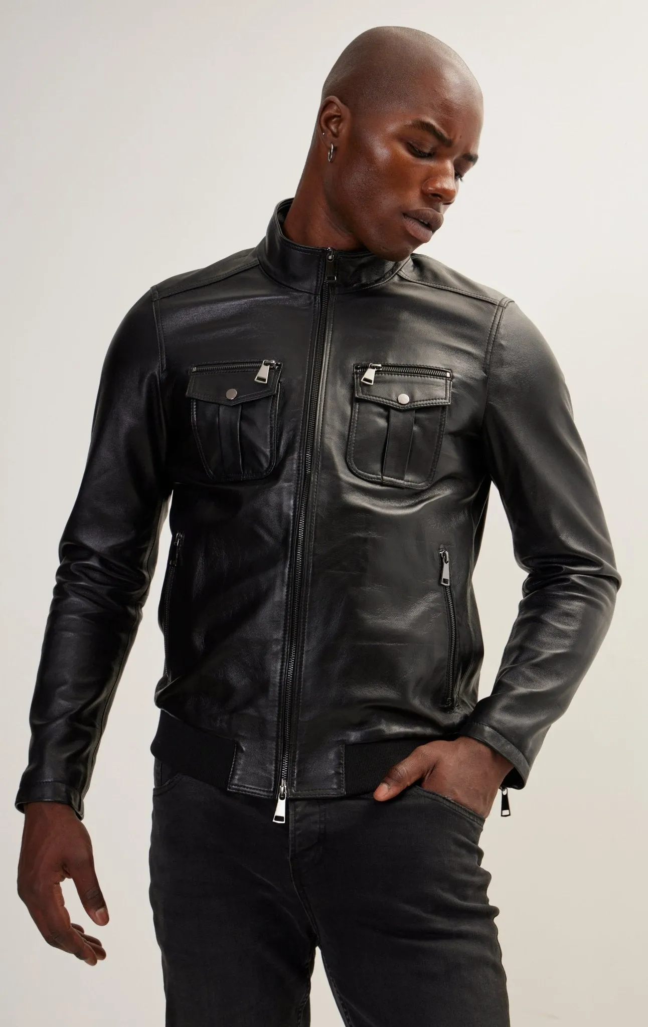 Double Zipper Stand Collar Leather Bomber Jacket - Black