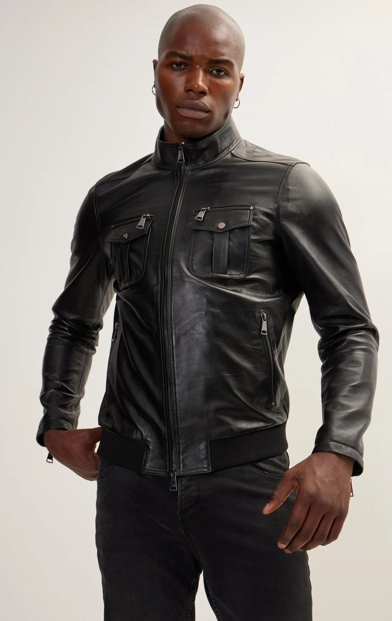 Double Zipper Stand Collar Leather Bomber Jacket - Black