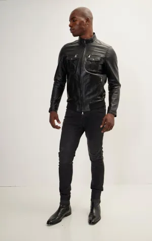 Double Zipper Stand Collar Leather Bomber Jacket - Black