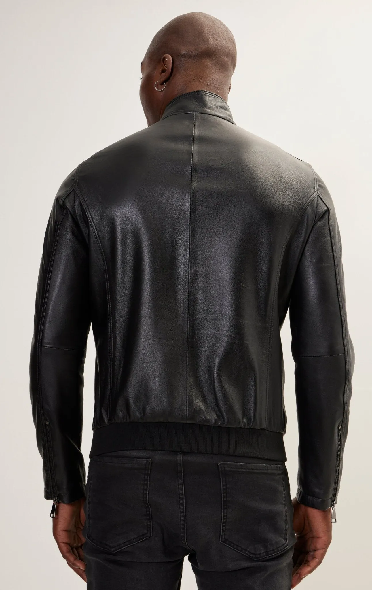 Double Zipper Stand Collar Leather Bomber Jacket - Black