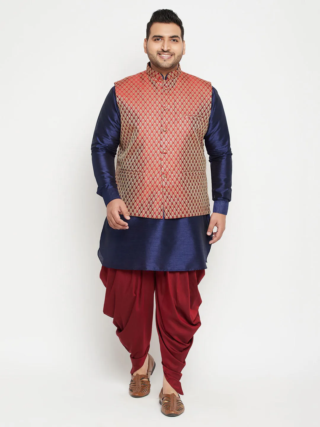 Men's Plus Navy Blue And Maroon Silk Blend Sherwani Set - Vastramay