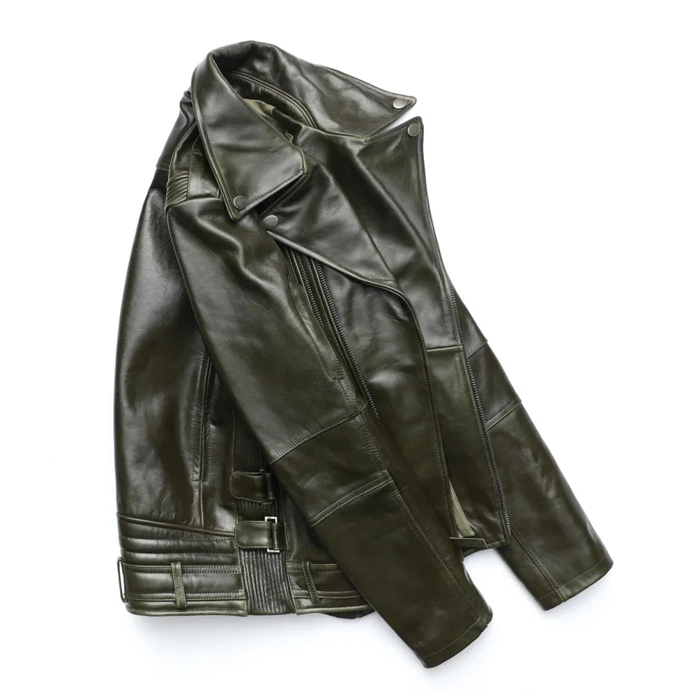 Men's Unique Army Green Motorcycle Jacket - 100% Oil Wax Cowhide Leather Biker Jacket