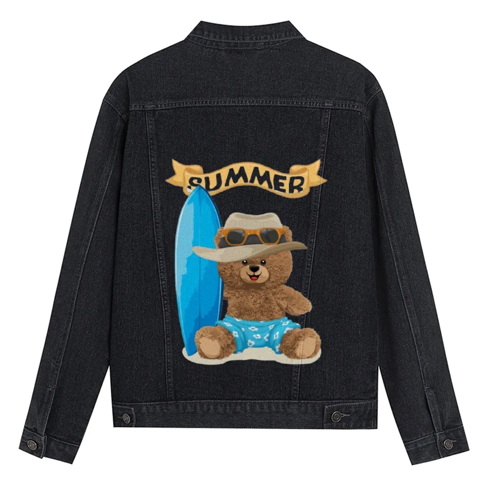 Mens Vintage Cartoon Cute Bear Summer Surfriding Prints Denim Jacket