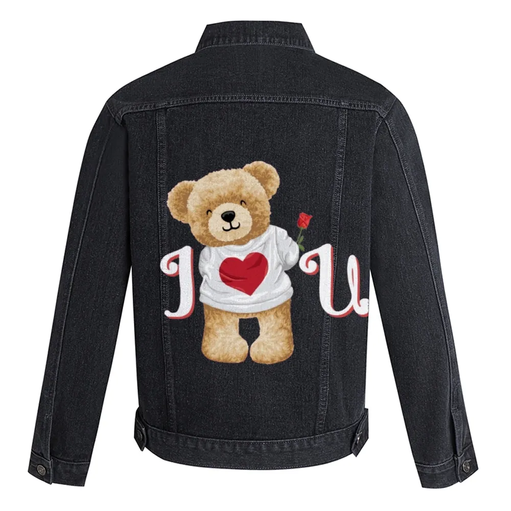 Mens Vintage Cartoon Cute I Love You Bear Prints Denim Jacket