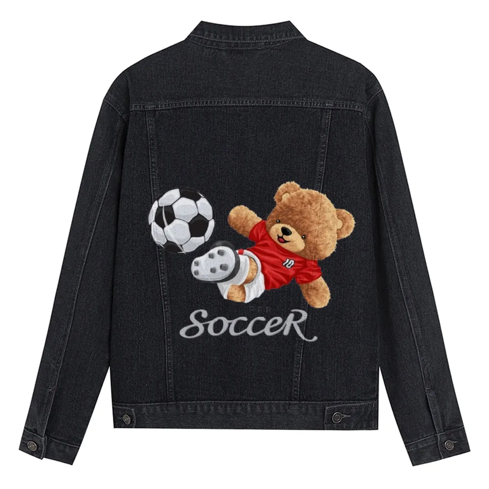 Mens Vintage Cartoon Cute Soccer Bear Prints Denim Jacket