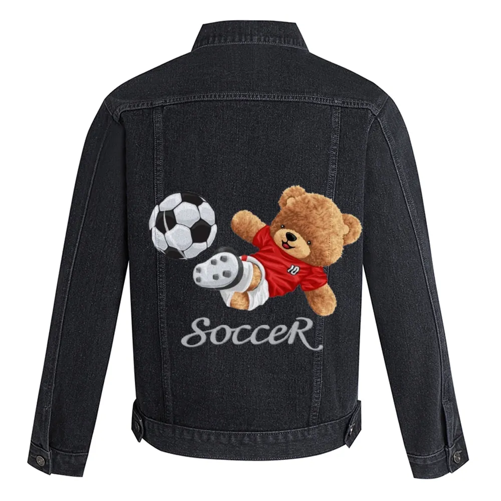 Mens Vintage Cartoon Cute Soccer Bear Prints Denim Jacket