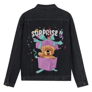 Mens Vintage Cartoon Cute SURPRISE!! Gift Bear Prints Denim Jacket