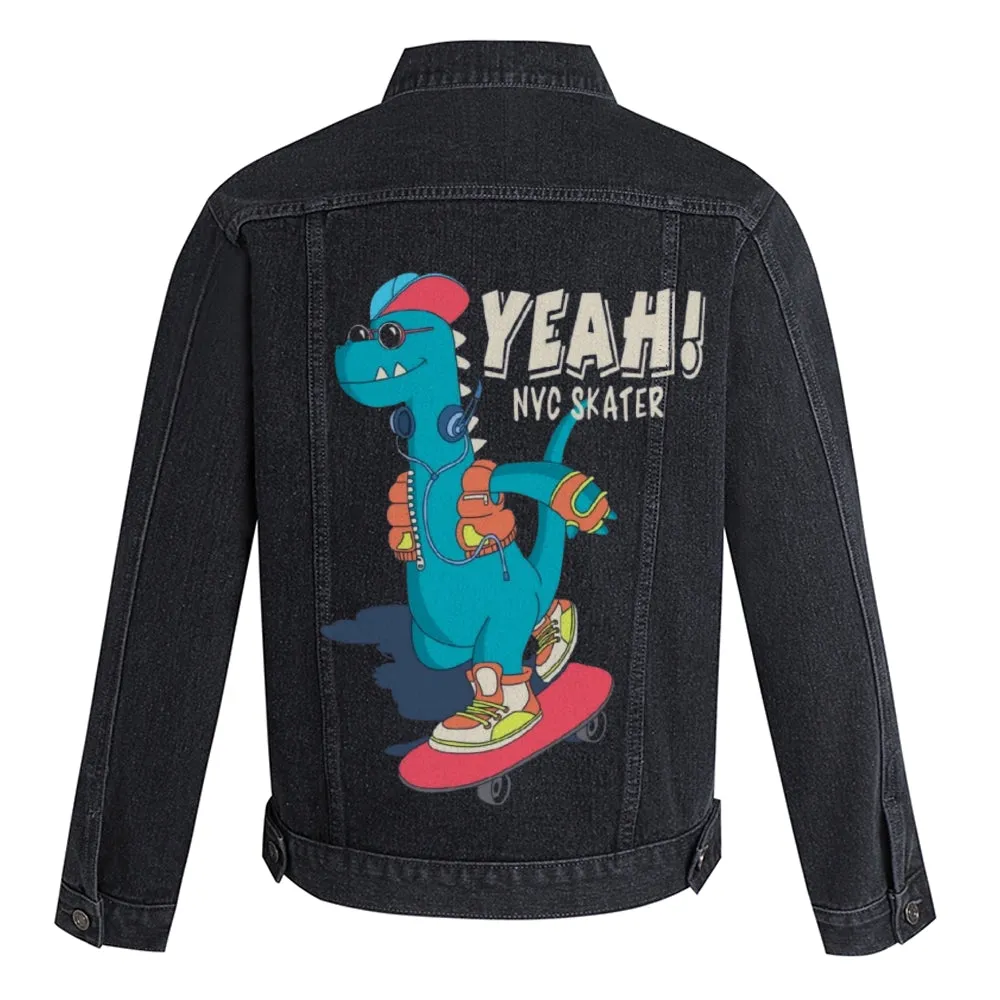 Mens Vintage Cartoon Prints YEAH! NYC SKATER Denim Jacket