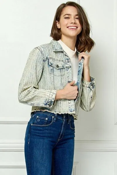 Multi Color Stripe Rhinestone Raw Hem Denim Jacket