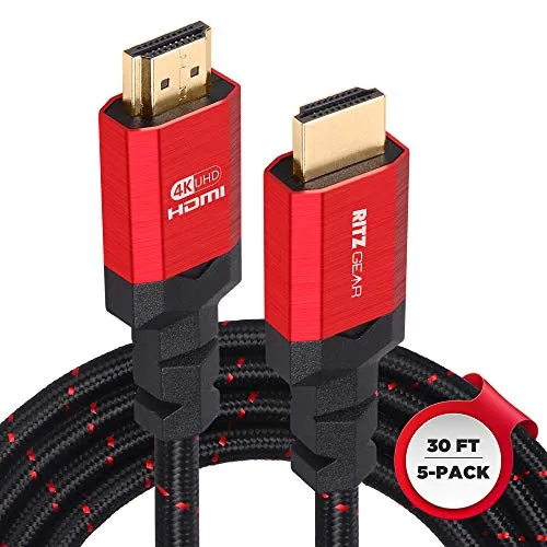 RitzGear 4K HDMI Cables | 5-Pack of 30 Ft. High-Speed 18Gbps HDMI 2.0 Connectors | Durable Braided Nylon, Gold Plating, 4K @ 60Hz Ultra HD, 3D, 2160p, 1080p & Ethernet Support for TV, Laptop & Gaming