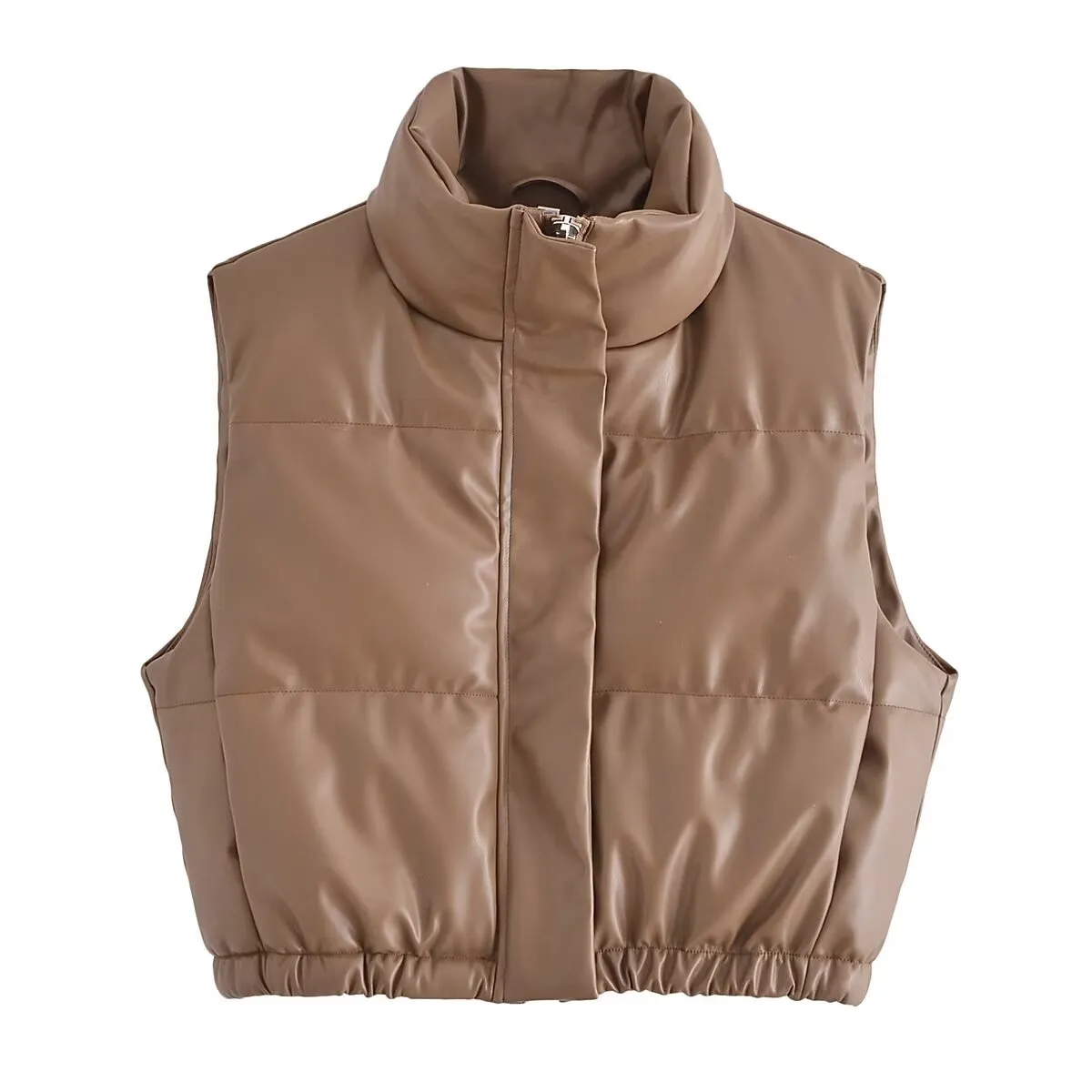 Women Clothing Solid Color Short Cotton Waistcoat Faux Leather Cotton Padded Jacket Vest