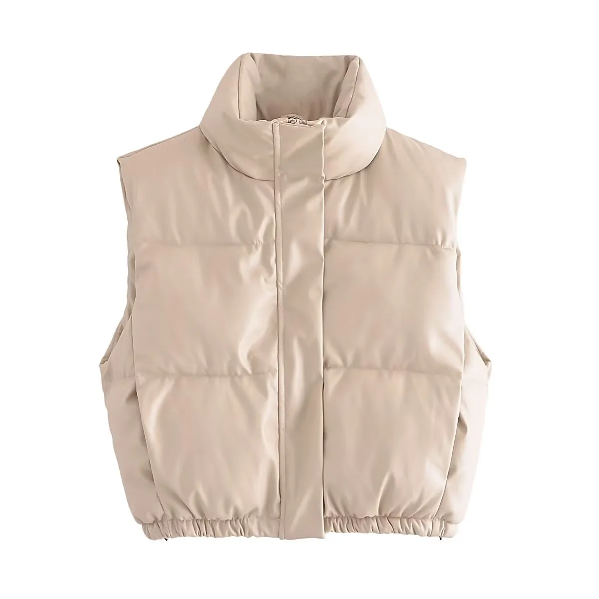 Women Clothing Solid Color Short Cotton Waistcoat Faux Leather Cotton Padded Jacket Vest